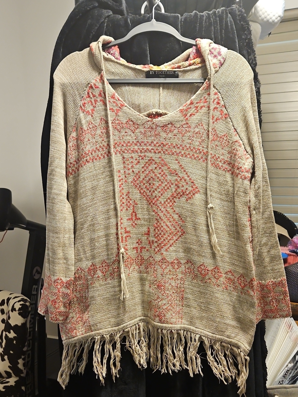 By Together Beige Hooded Fringe Sweater with Coral Pattern